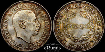 DENMARK, Christian X, 2 Kroner 1945, King’s 75th Birthday, UNC