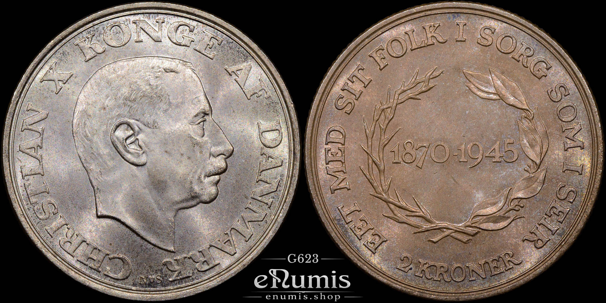 DENMARK, Christian X, 2 Kroner 1945, King’s 75th Birthday, UNC