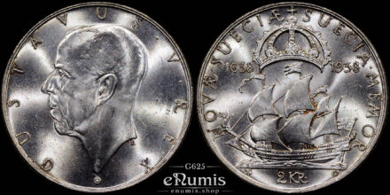 SWEDEN, Gustaf V, 2 Kronor 1938, 300th Anniversary - Settlement of Delaware, UNC