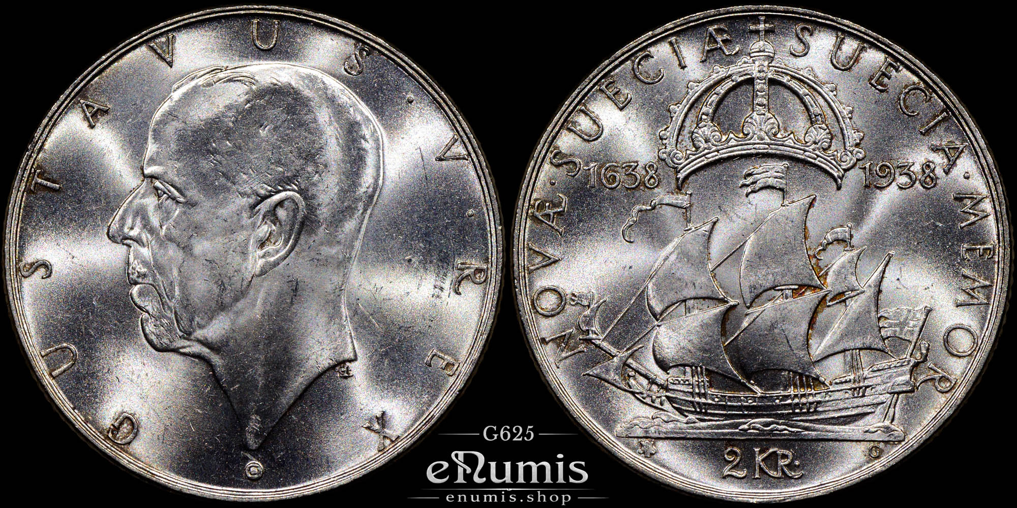 SWEDEN, Gustaf V, 2 Kronor 1938, 300th Anniversary - Settlement of Delaware, UNC