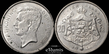 BELGIUM, Albert I, 20 Francs 1932, Dutch legend, aXF