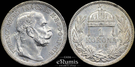 HUNGARY, Franz Joseph I, 1 Korona 1916, better date, UNC