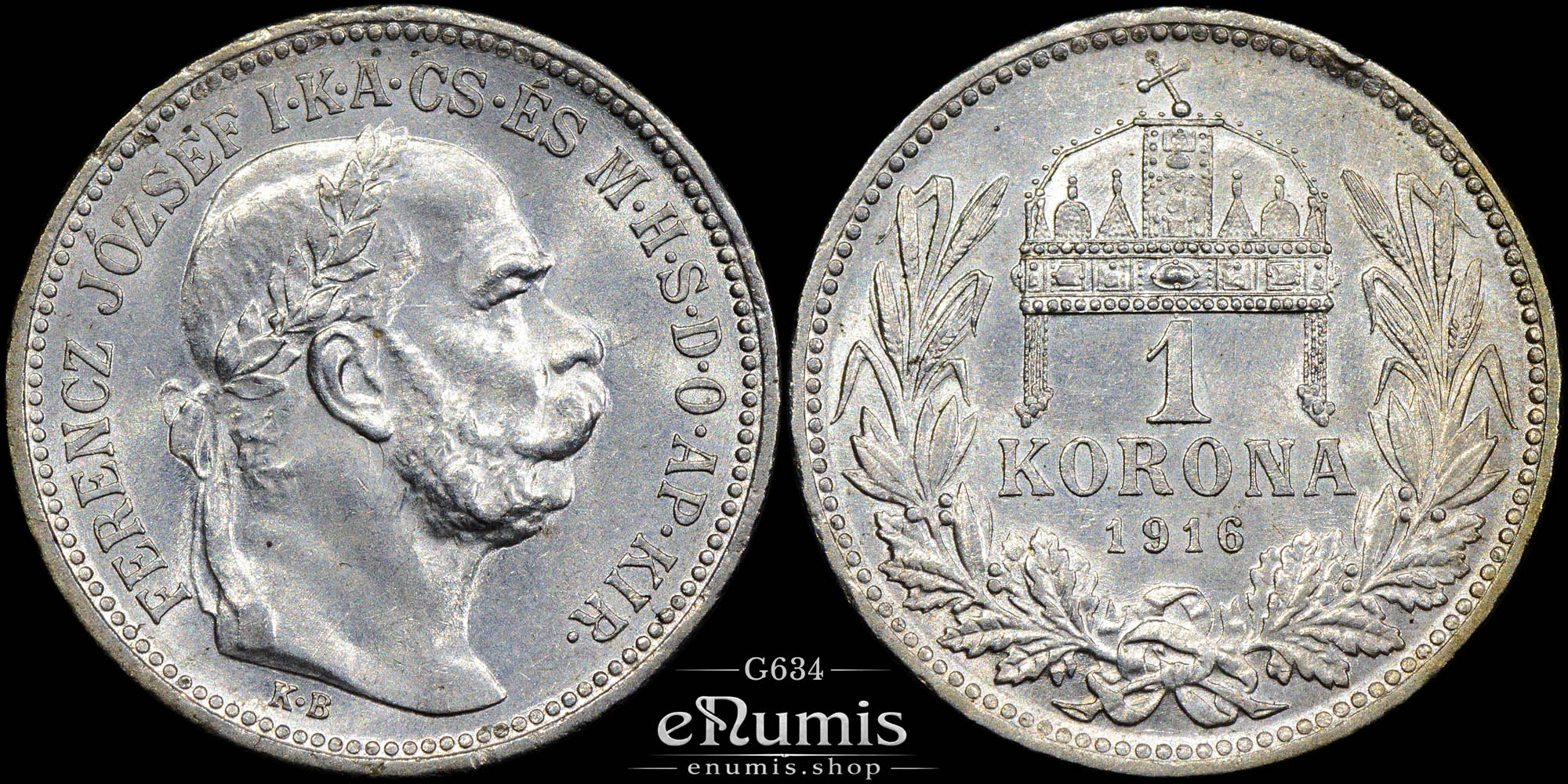 HUNGARY, Franz Joseph I, 1 Korona 1916, better date, UNC