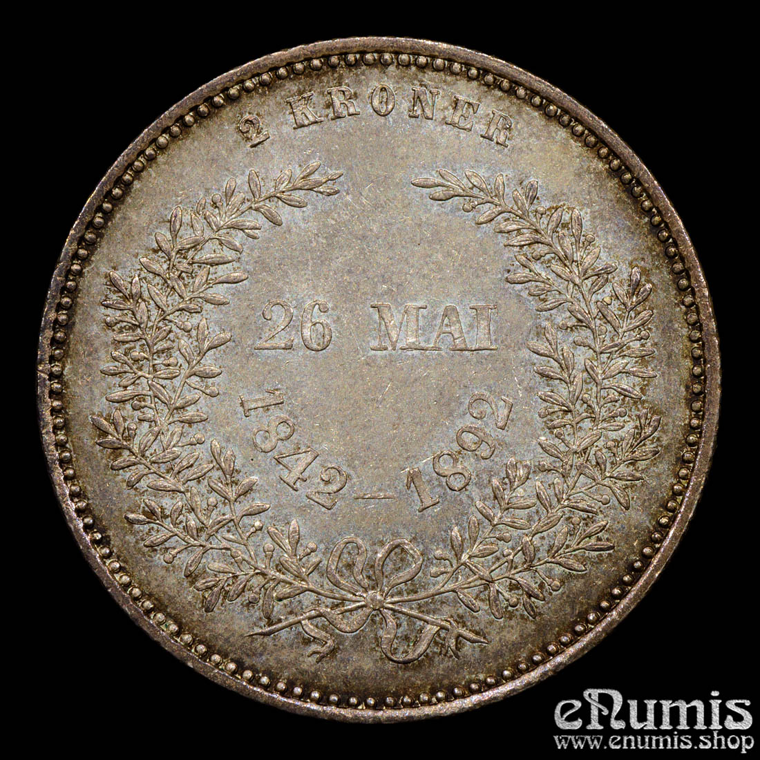 DENMARK, Christian IX, 2 Kroner 1892, Golden Wedding Anniversary, UNC