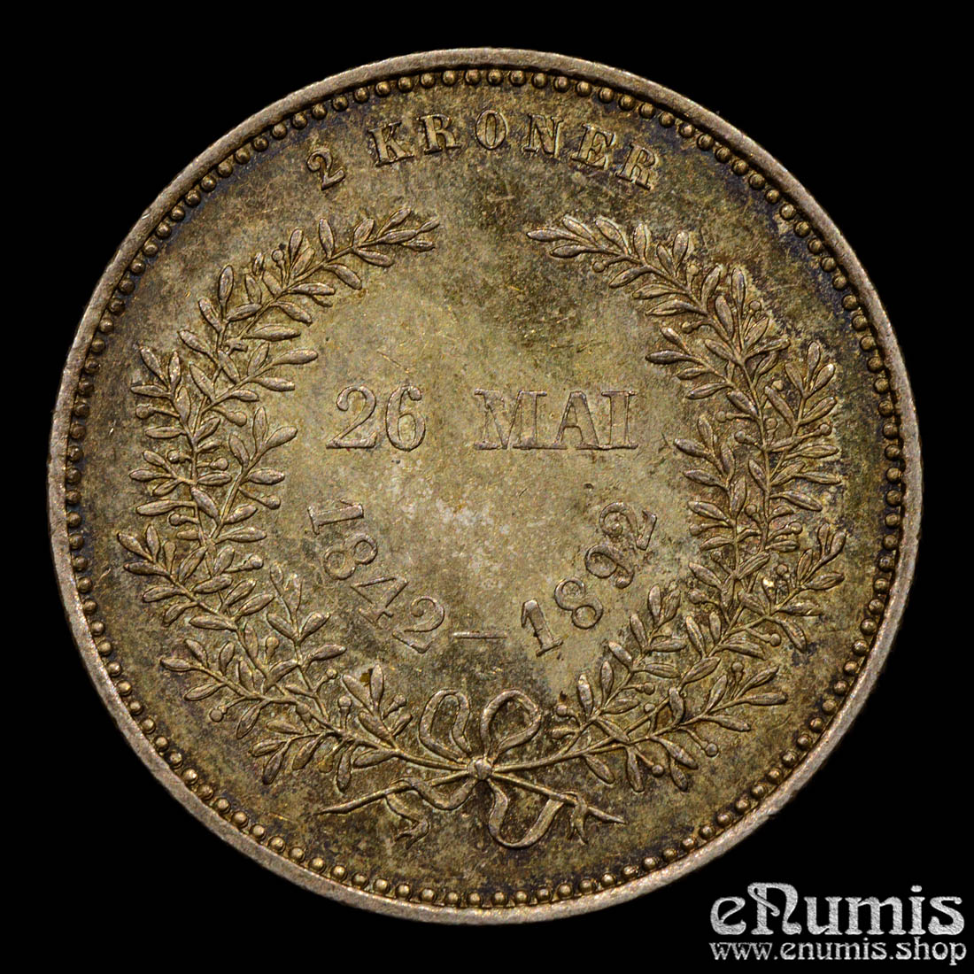 DENMARK, Christian IX, 2 Kroner 1892, Golden Wedding Anniversary, UNC