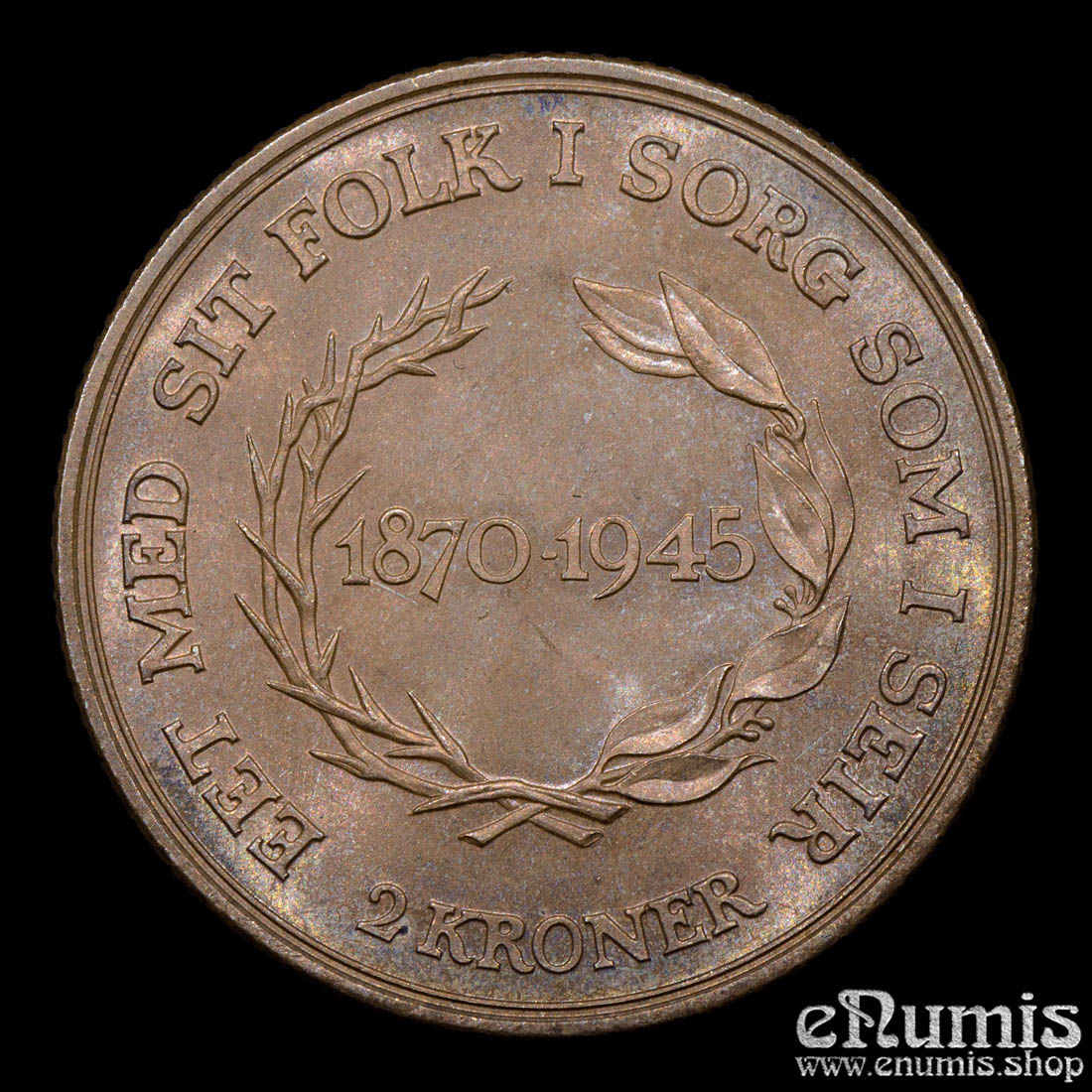 DENMARK, Christian X, 2 Kroner 1945, King’s 75th Birthday, UNC