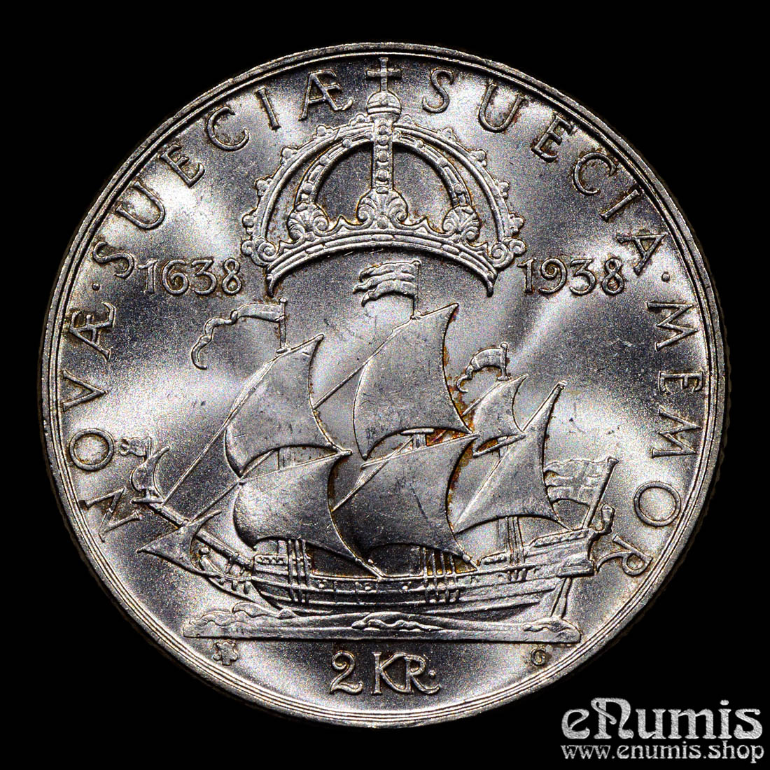 SWEDEN, Gustaf V, 2 Kronor 1938, 300th Anniversary - Settlement of Delaware, UNC