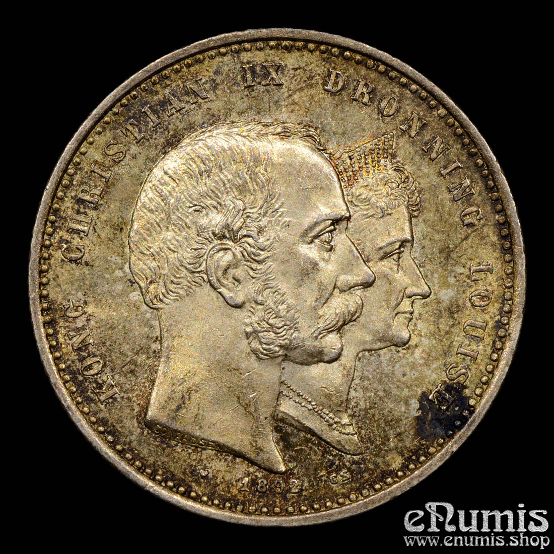 DENMARK, Christian IX, 2 Kroner 1892, Golden Wedding Anniversary, UNC
