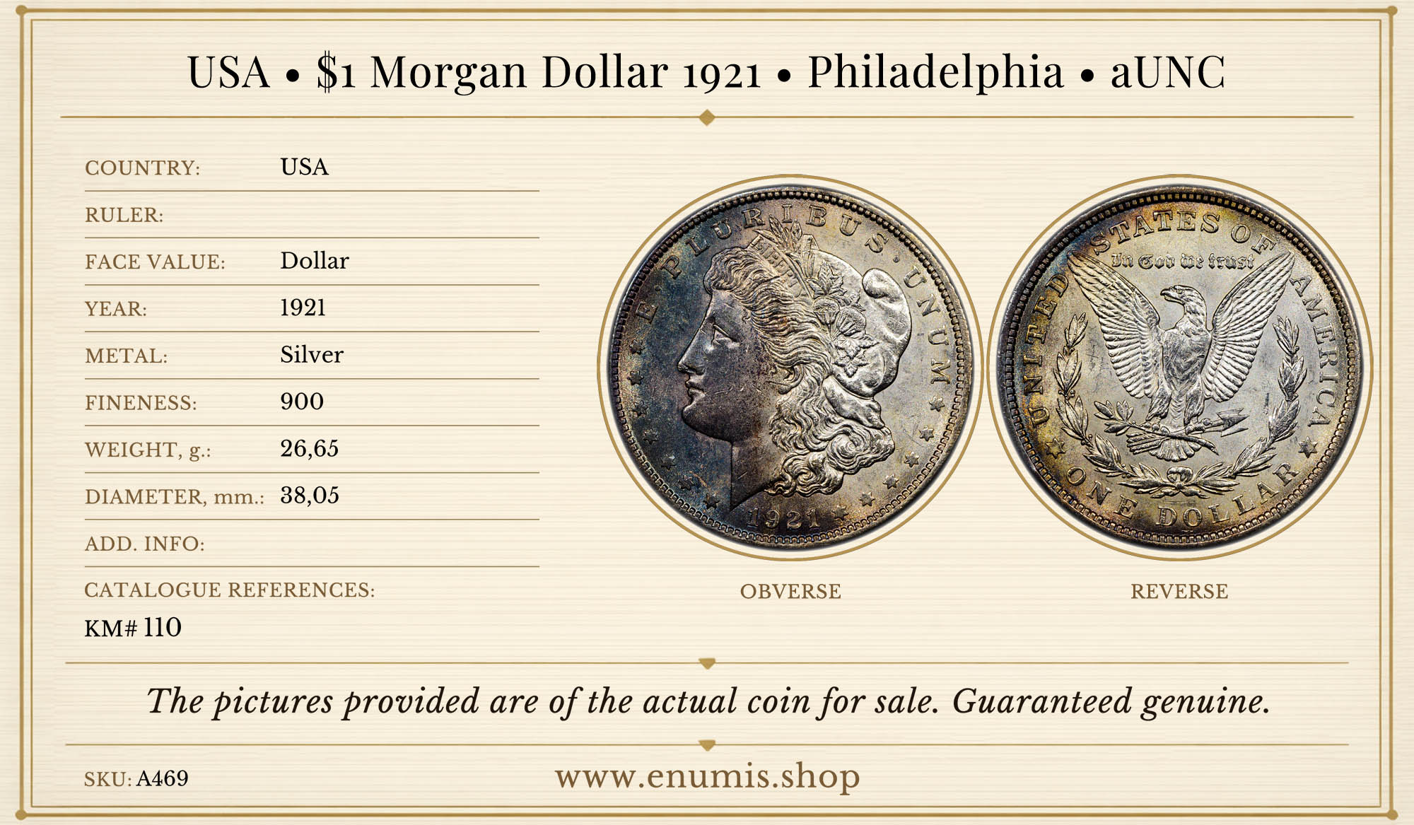 USA, $1 Morgan Dollar 1921, Philadelphia, aUNC USA, $1 Morgan Dollar 1921, Philadelphia, aUNC