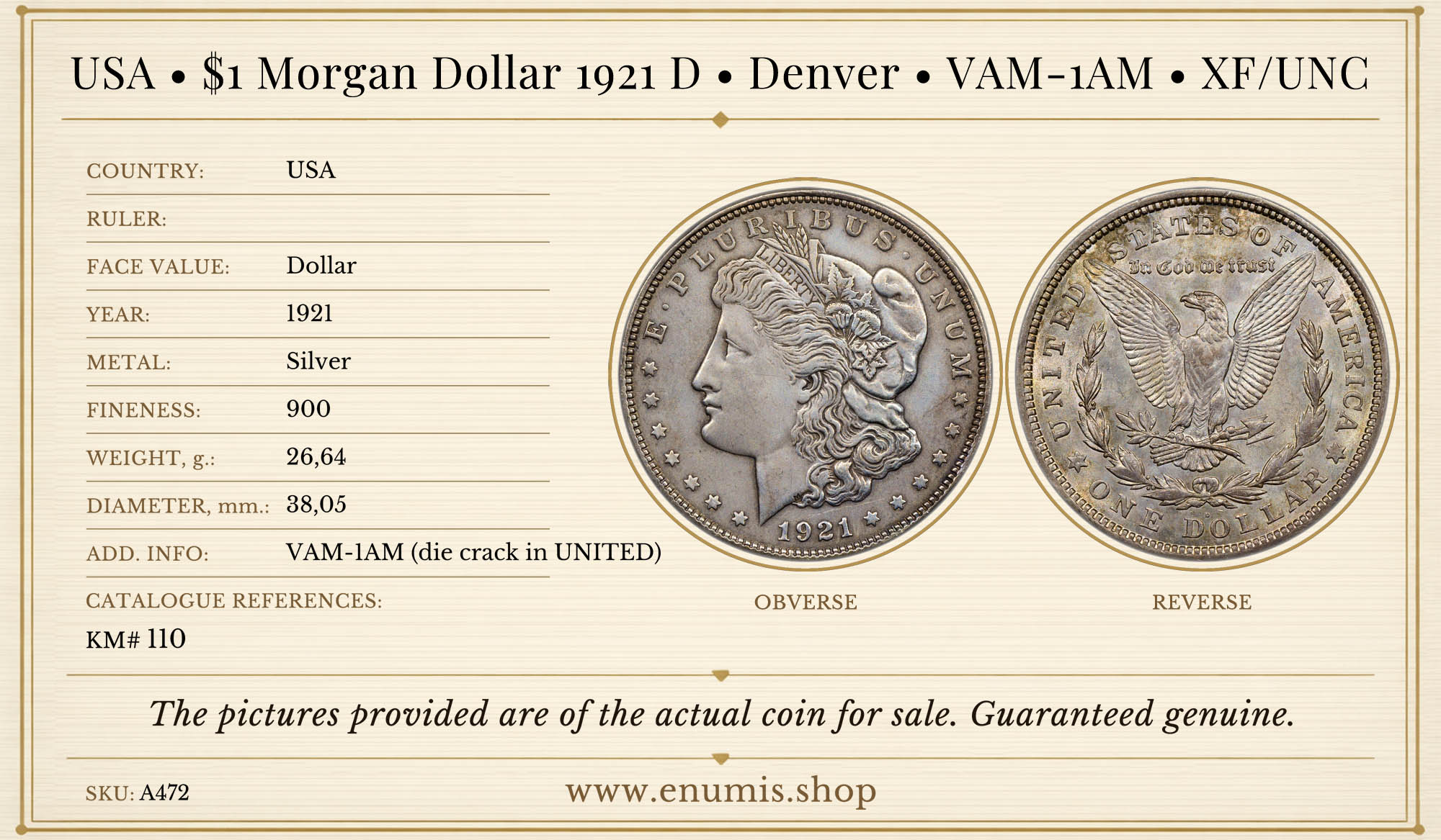 USA, $1 Morgan Dollar 1921 D, Denver, VAM-1AM, XF/UNC