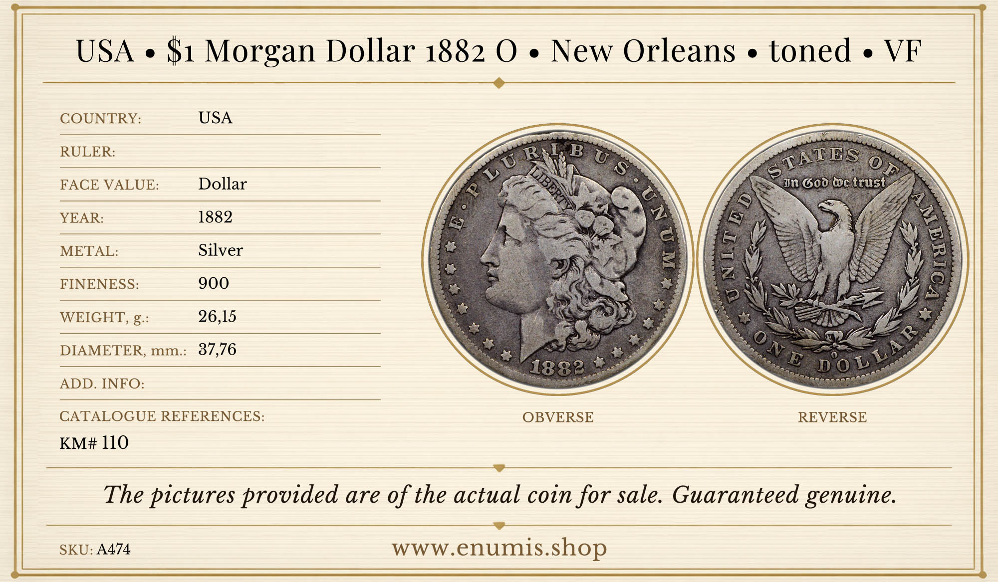 USA, $1 Morgan Dollar 1882 O, New Orleans, toned, VF