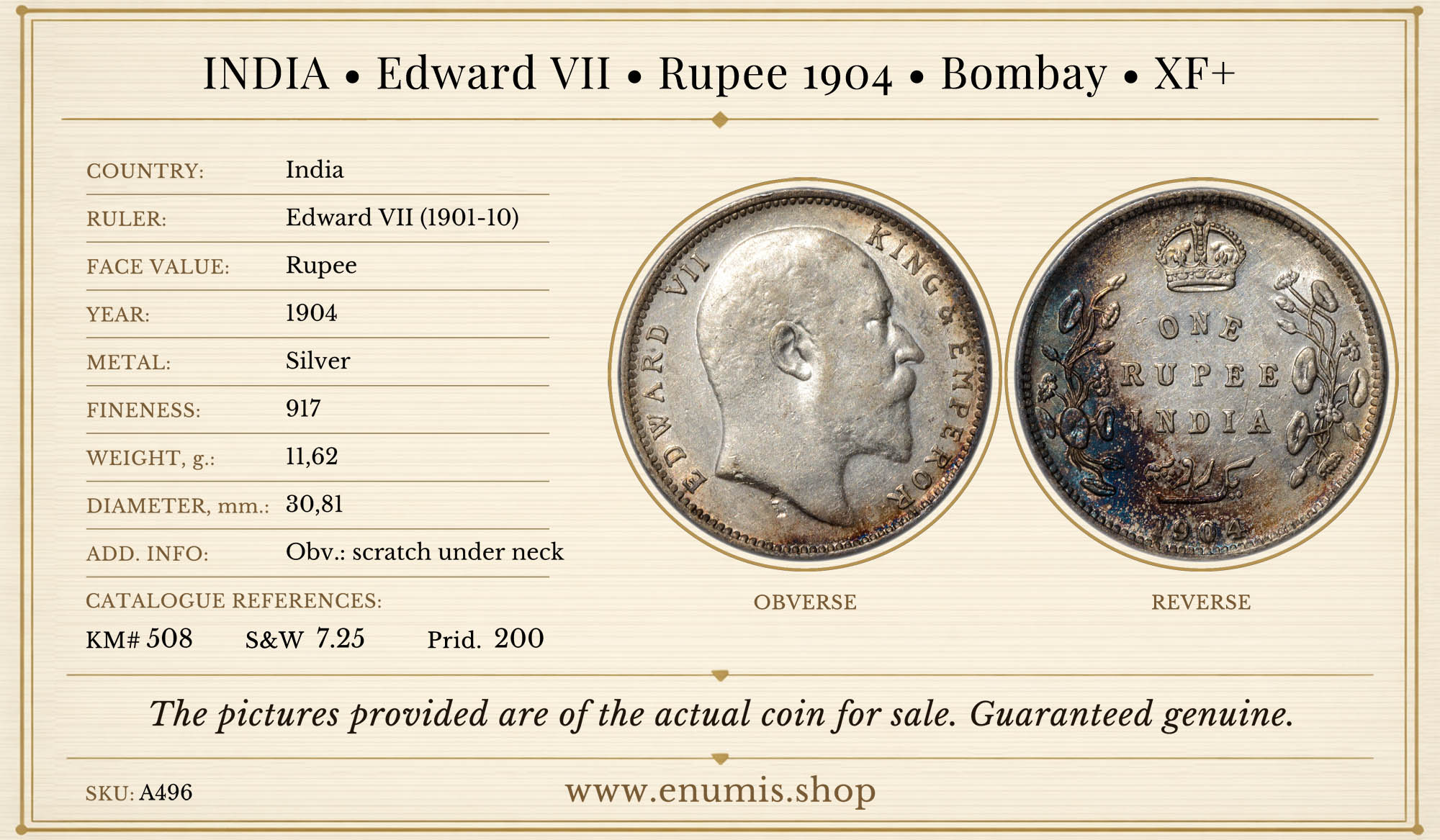 INDIA, Edward VII, Rupee 1904, Bombay, XF+