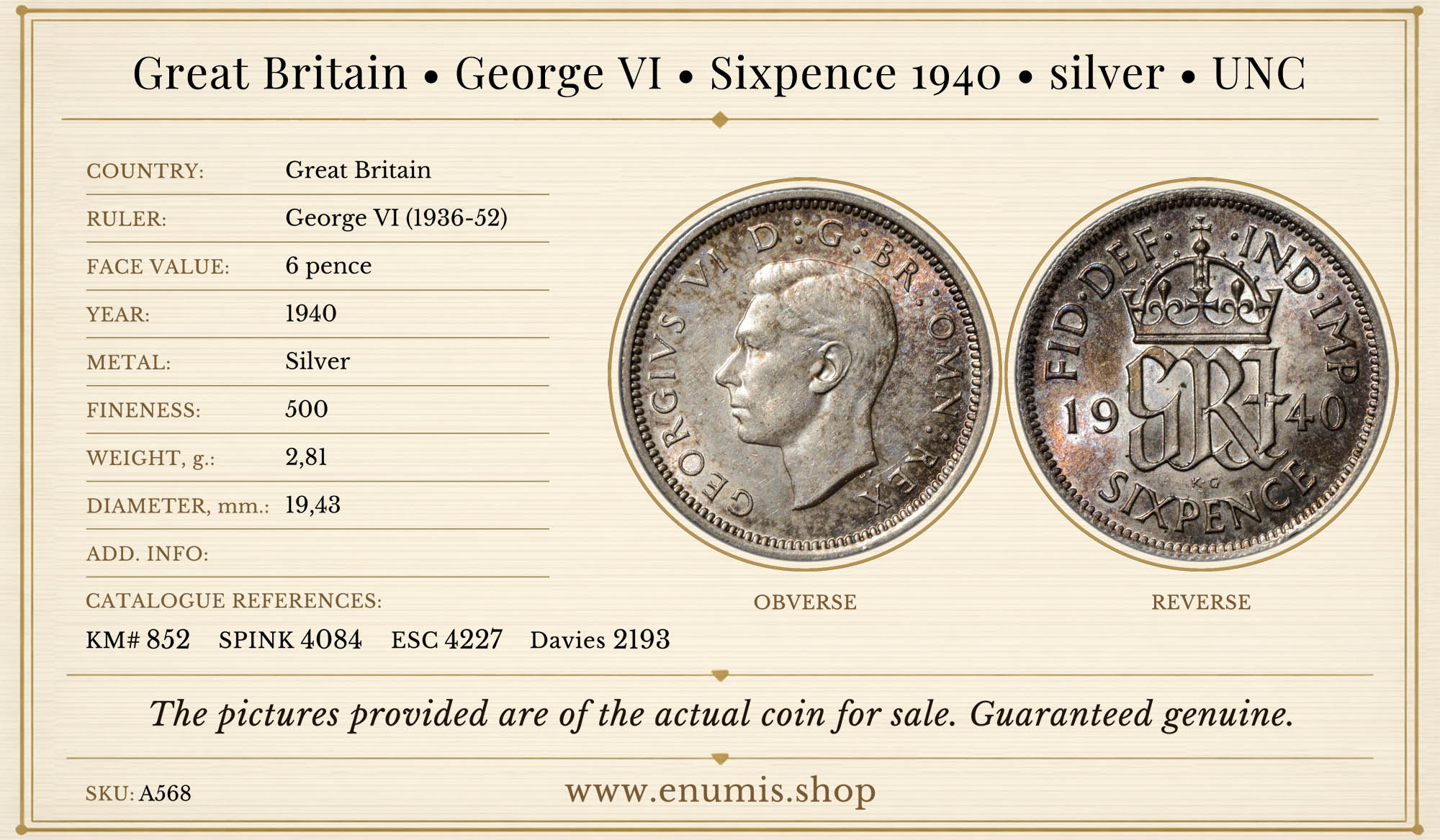 Great Britain, George VI, Sixpence 1940, silver, UNC
