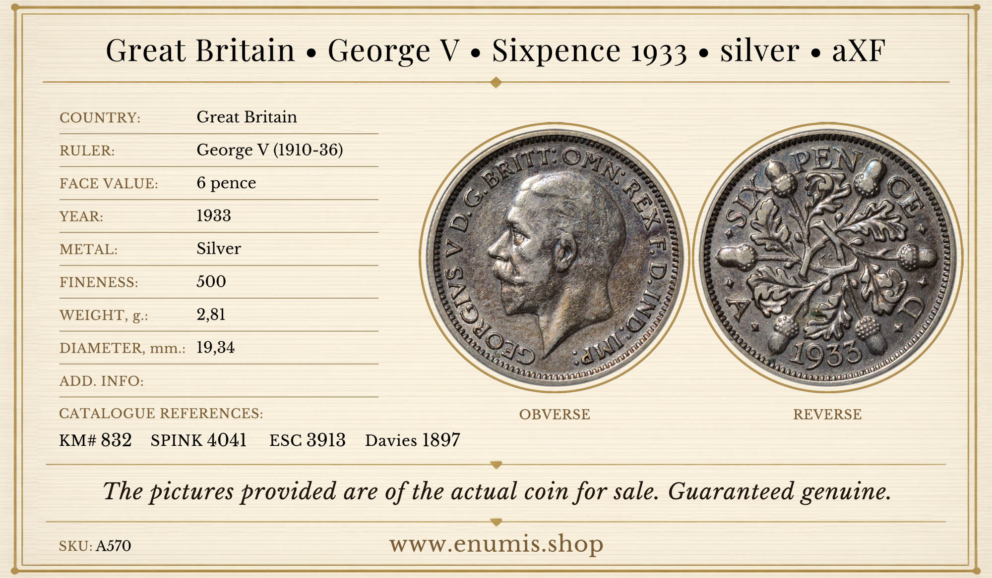 Great Britain, George V, Sixpence 1933, silver, aXF