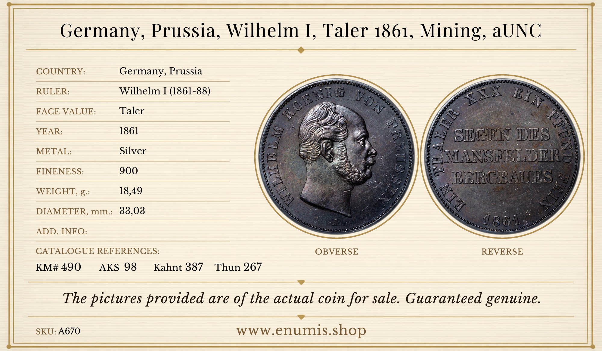 Germany, Prussia, Wilhelm I, Taler 1861, Mining, aUNC Germany, Prussia, Wilhelm I, Taler 1861, Mining, aUNC