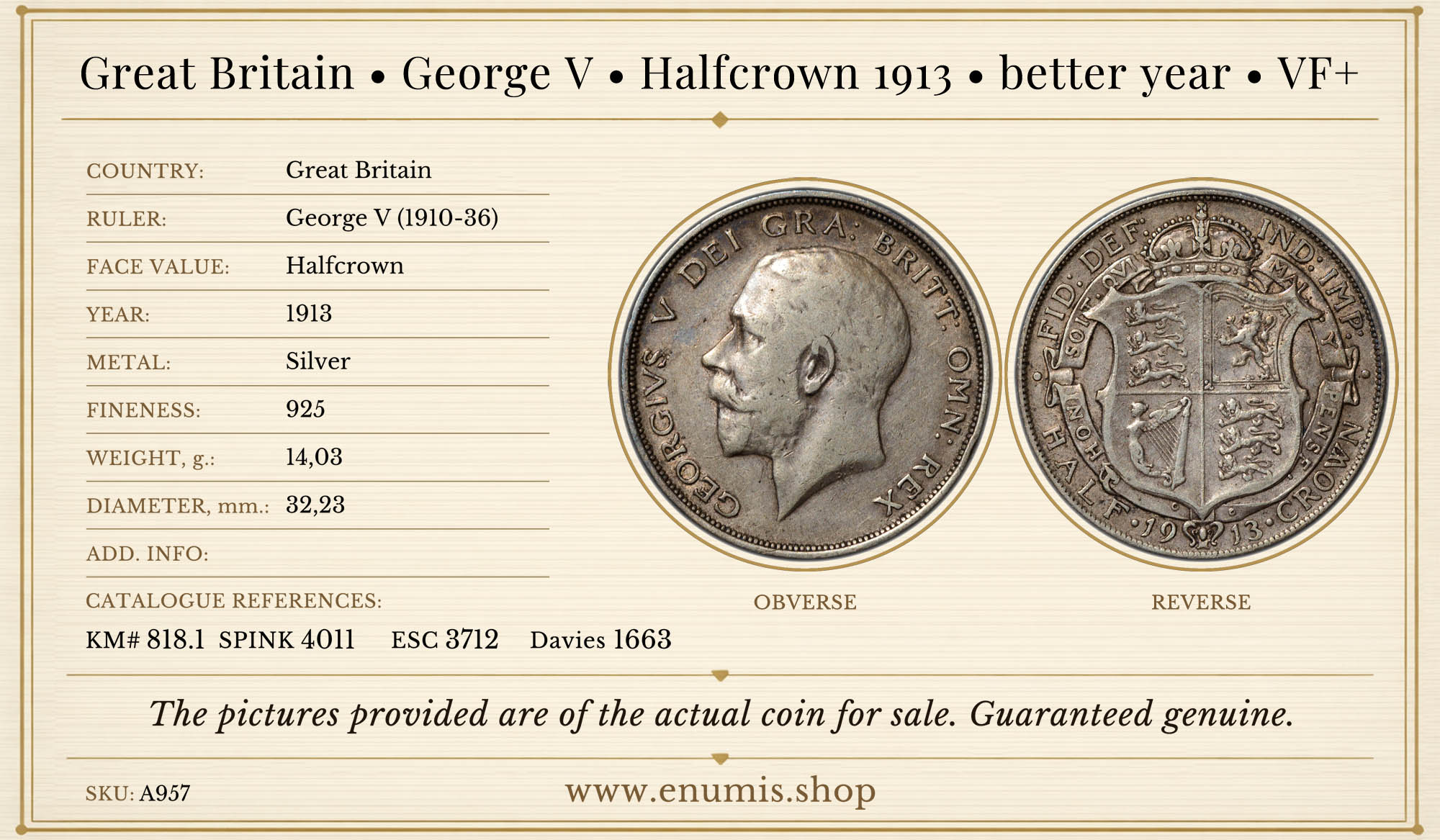 Great Britain, George V, Halfcrown 1913, better date, VF+