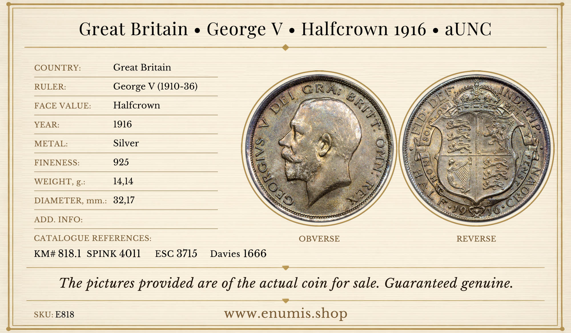 Great Britain, George V, Halfcrown 1916, aUNC