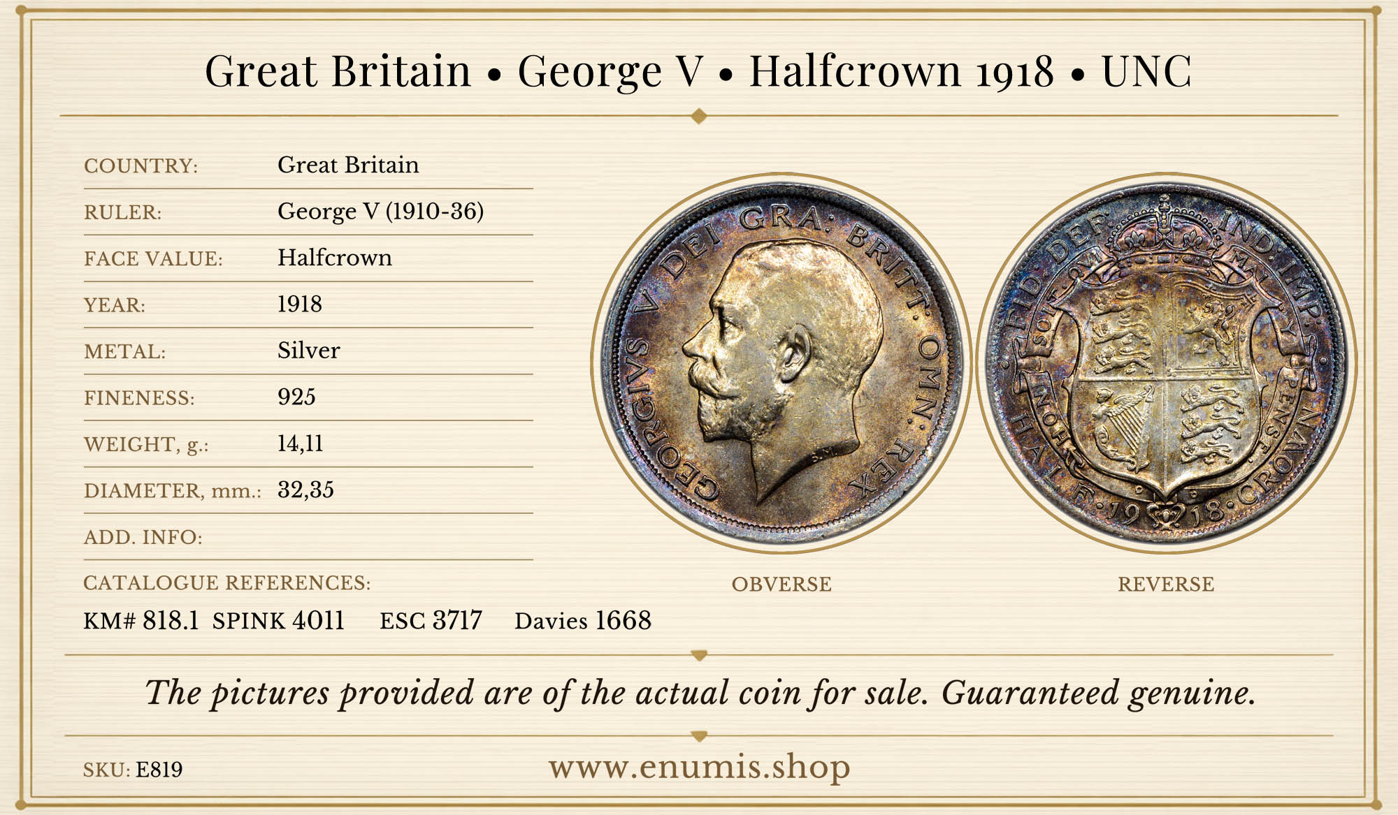 Great Britain, George V, Halfcrown 1918, UNC