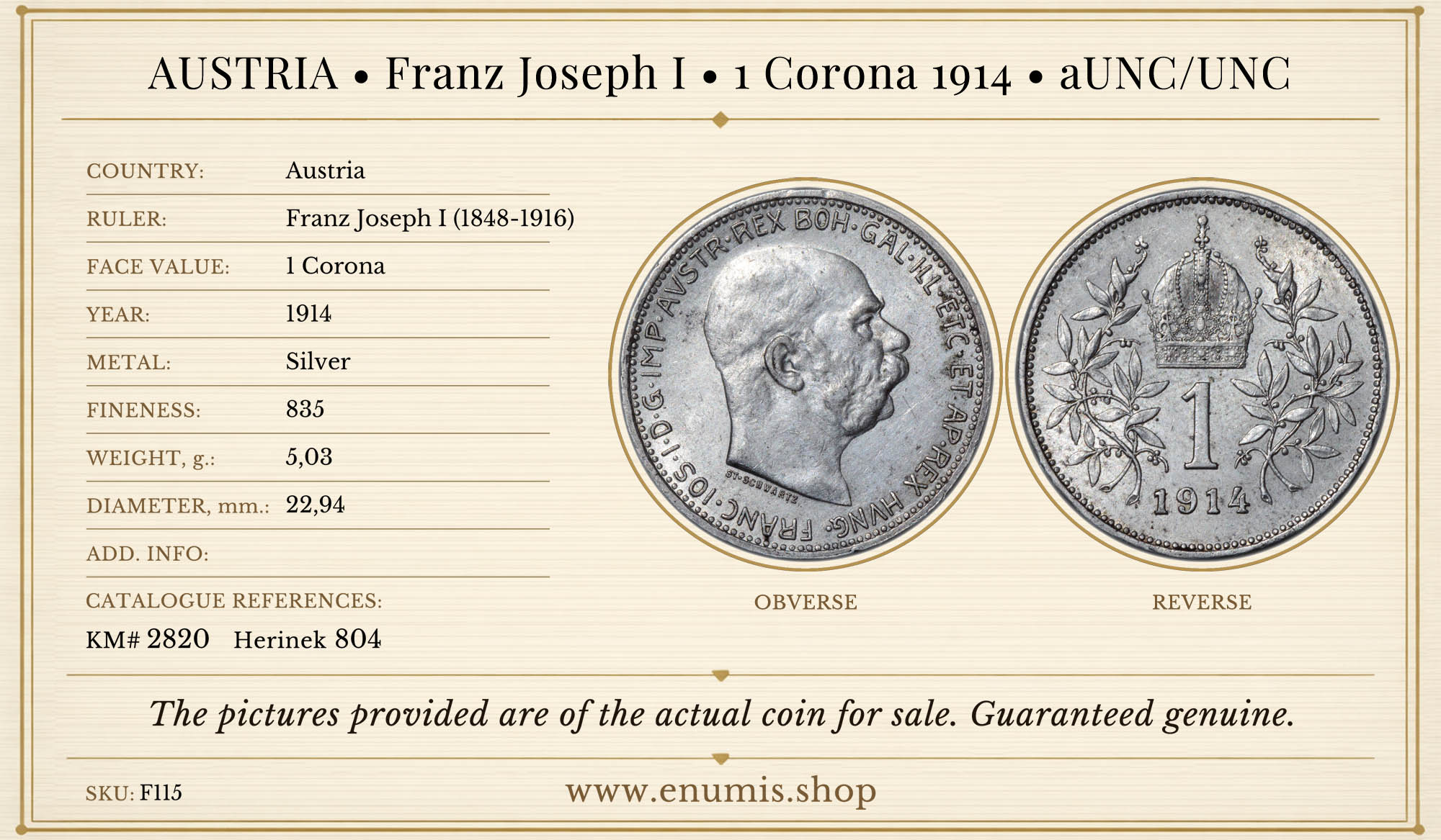 AUSTRIA, Franz Joseph I, 1 Corona 1914, aUNC/UNC