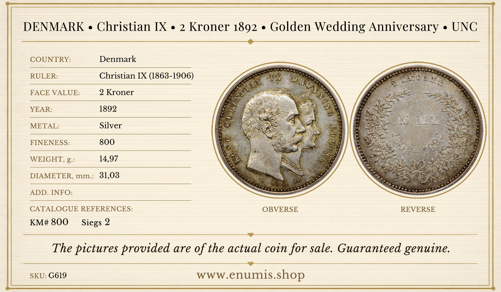 DENMARK, Christian IX, 2 Kroner 1892, Golden Wedding Anniversary, UNC