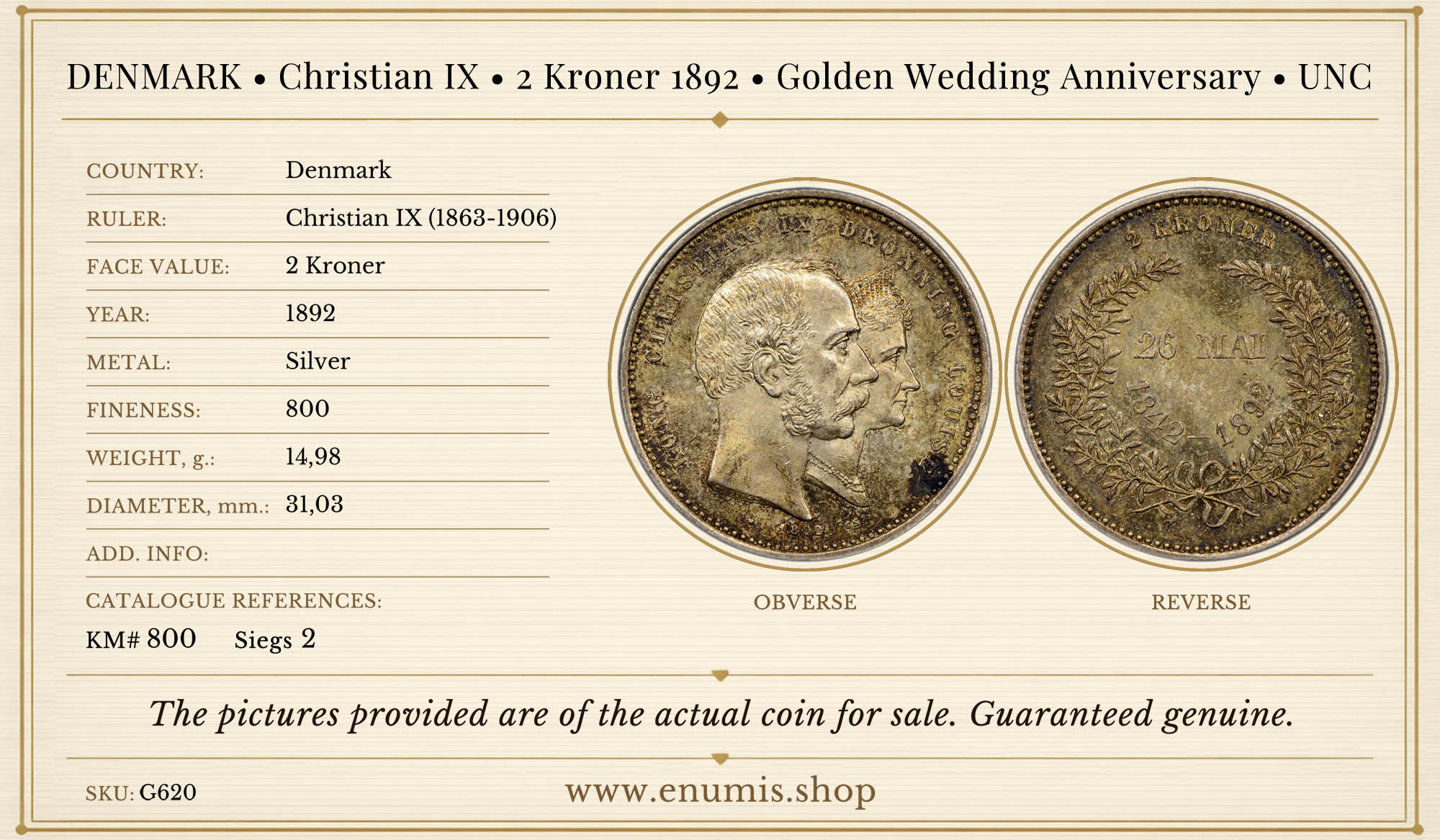 DENMARK, Christian IX, 2 Kroner 1892, Golden Wedding Anniversary, UNC