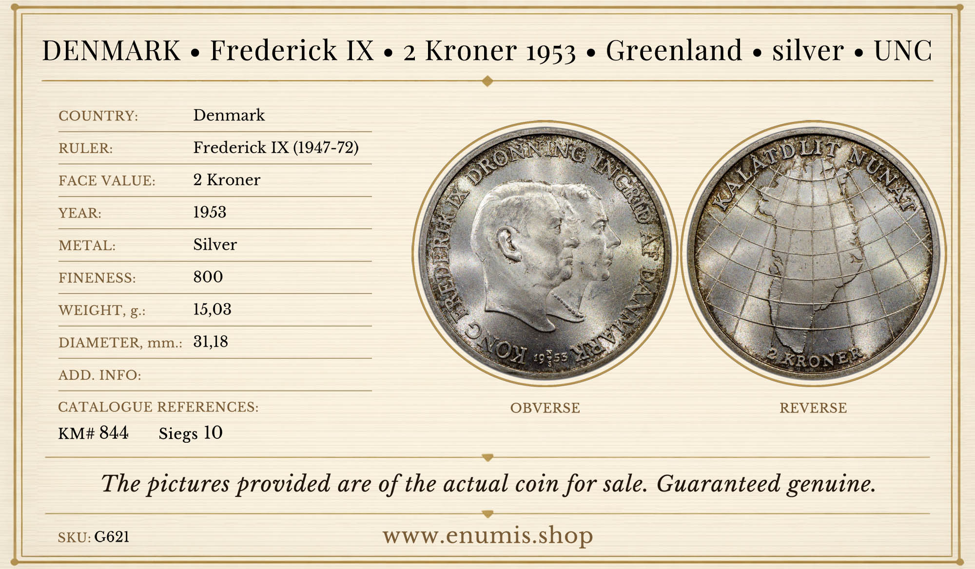 DENMARK, Frederick IX, 2 Kroner 1953, Greenland, silver, UNC