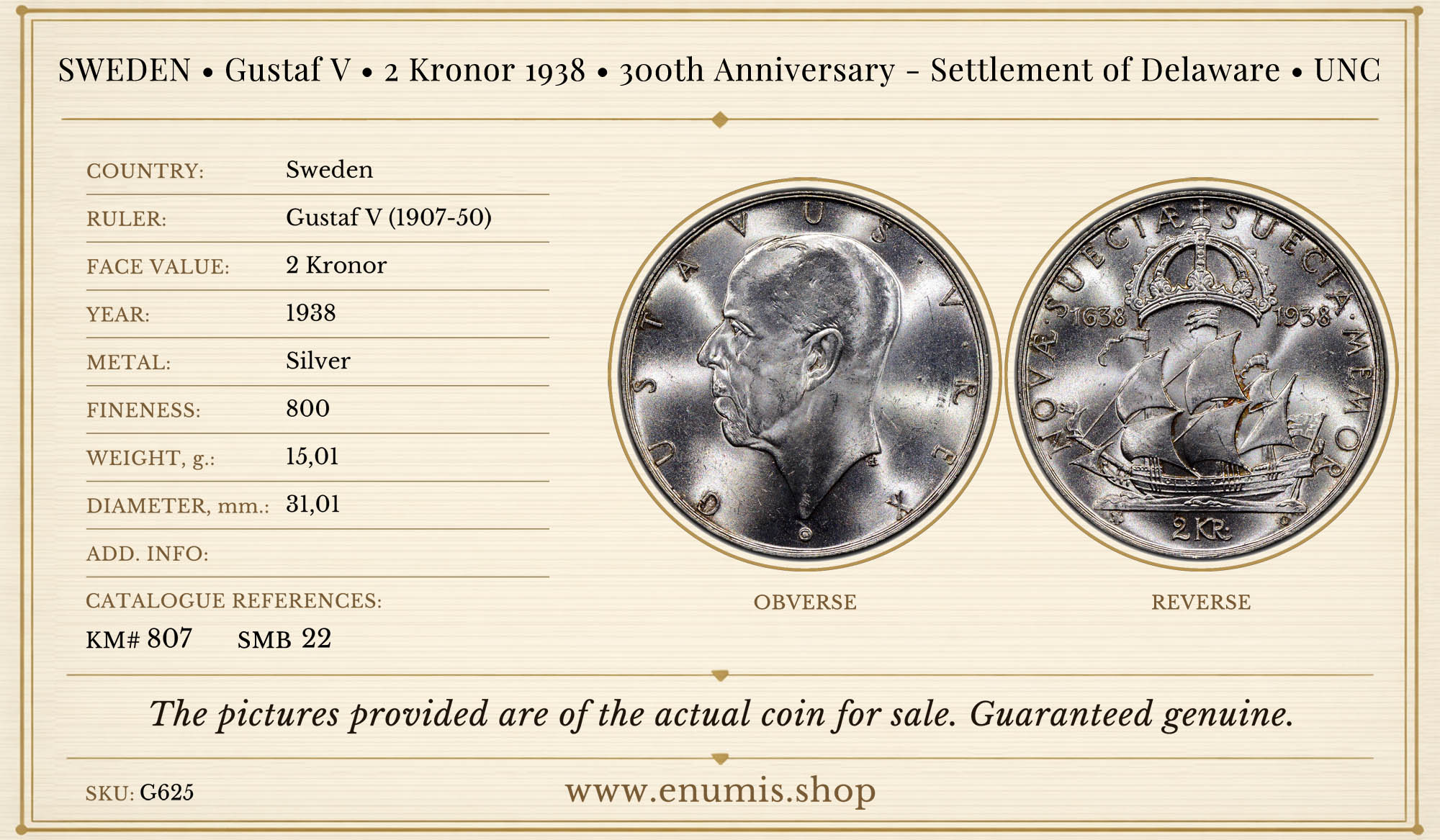 SWEDEN, Gustaf V, 2 Kronor 1938, 300th Anniversary - Settlement of Delaware, UNC