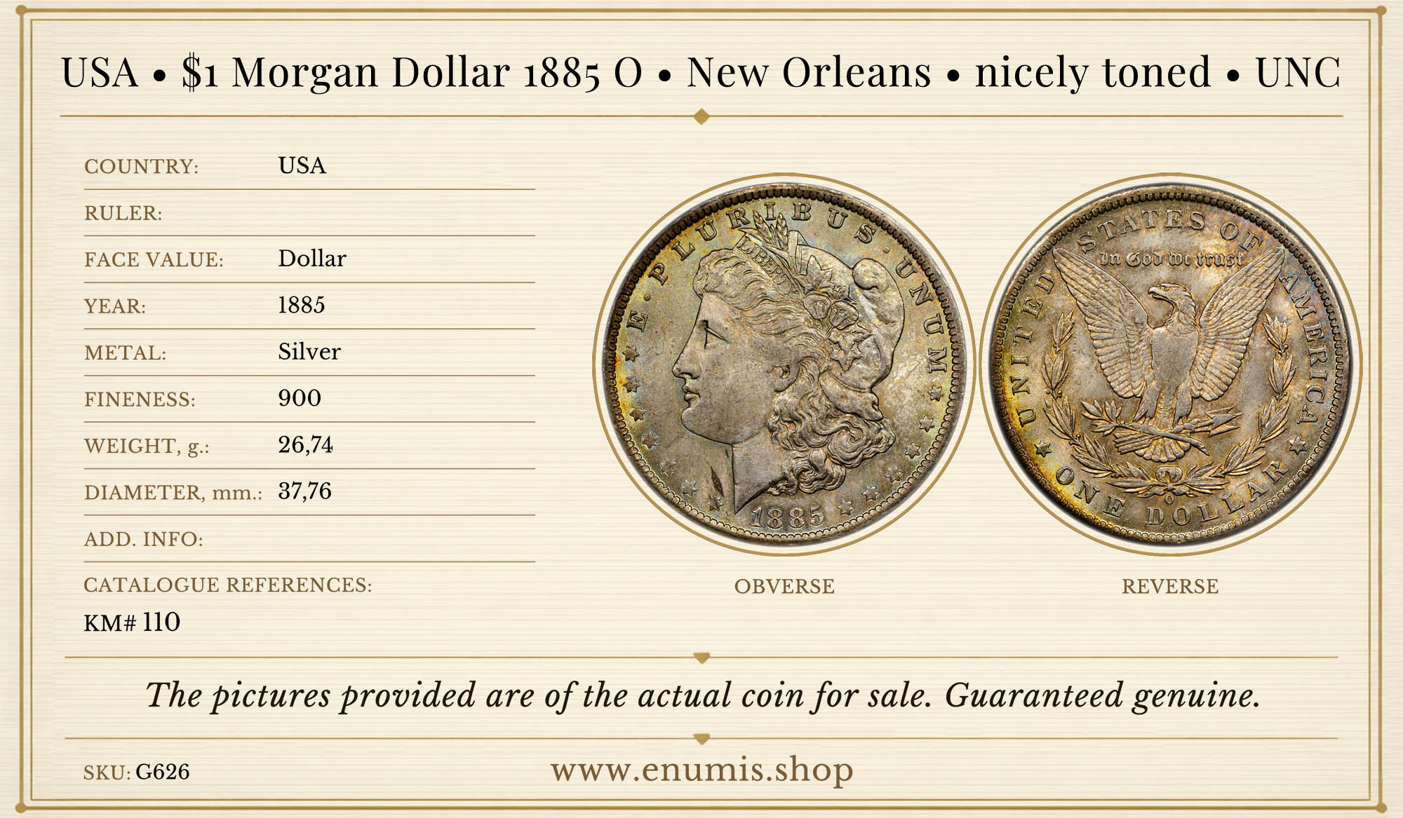 USA, $1 Morgan Dollar 1885 O, New Orleans, nicely toned, UNC