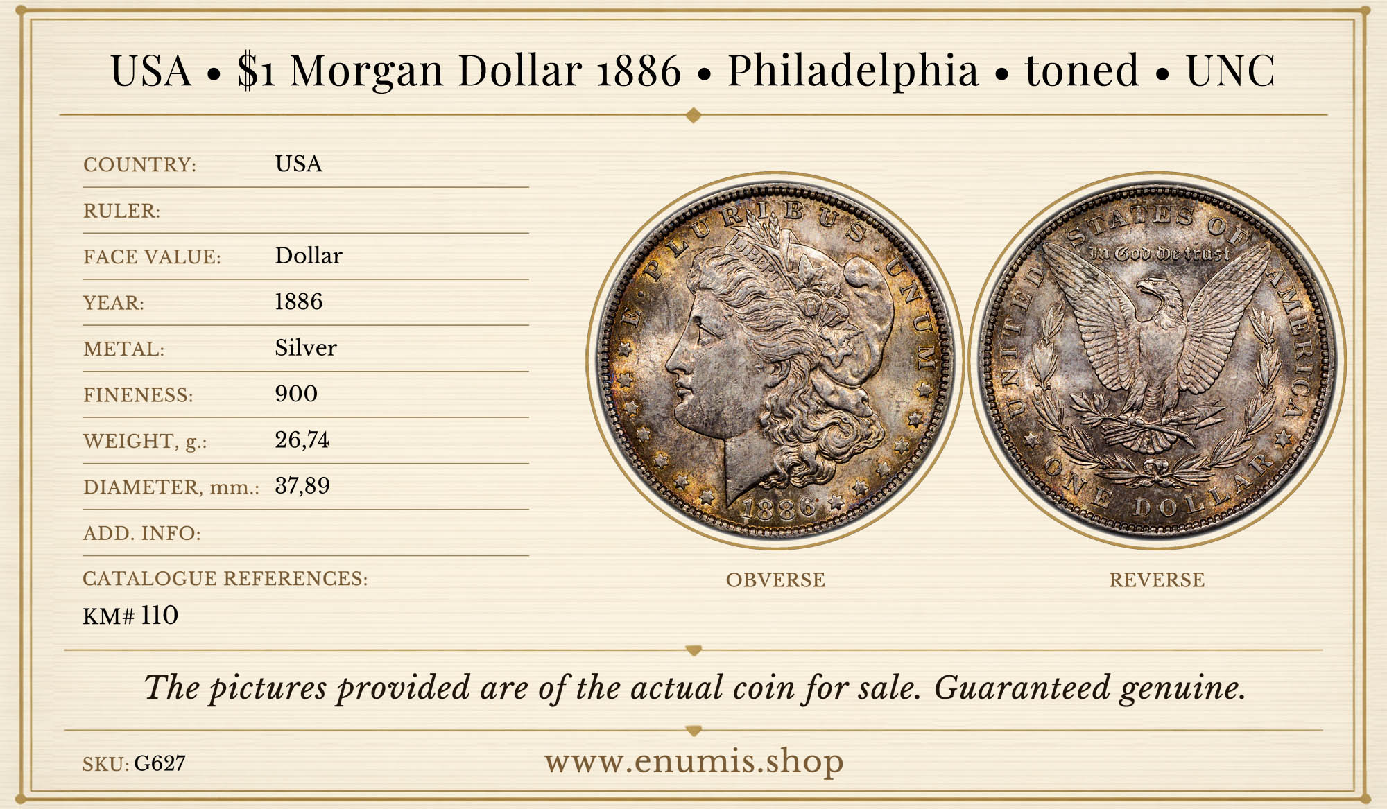 USA, $1 Morgan Dollar 1886, Philadelphia, toned, UNC