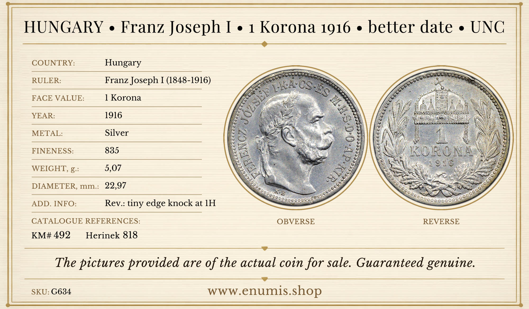 HUNGARY, Franz Joseph I, 1 Korona 1916, better date, UNC