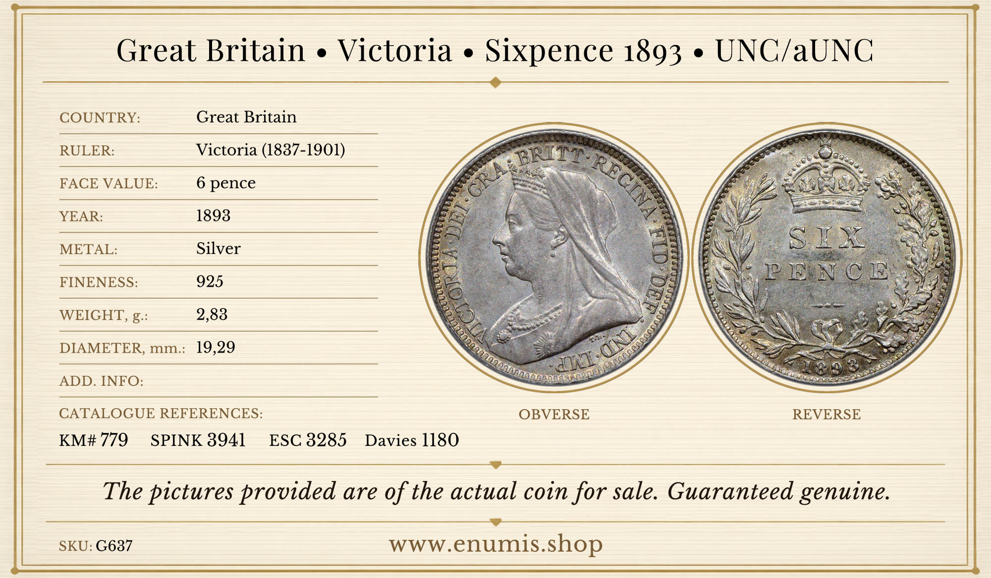 Great Britain, Victoria, Sixpence 1893, UNC/aUNC