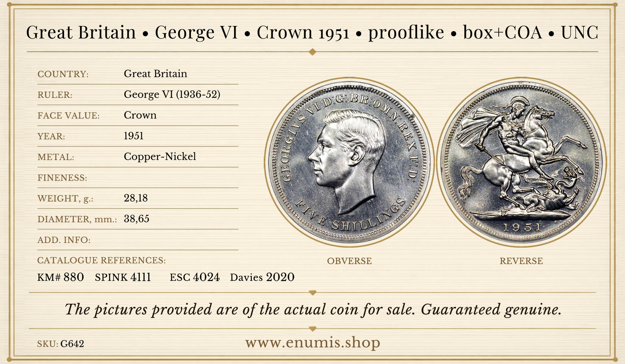 Great Britain, George VI, Crown 1951, prooflike, box+COA, UNC