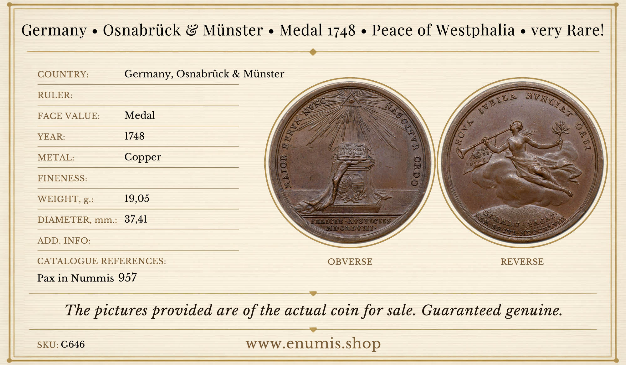 Germany, Osnabrück & Münster, Medal 1748, Peace of Westphalia, very Rare!