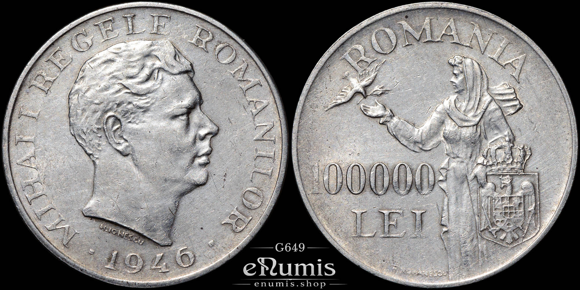 ROMANIA, Mihai I, 100000 Lei 1946, silver, XF+ ROMANIA, Mihai I, 100000 Lei 1946, silver, XF+
