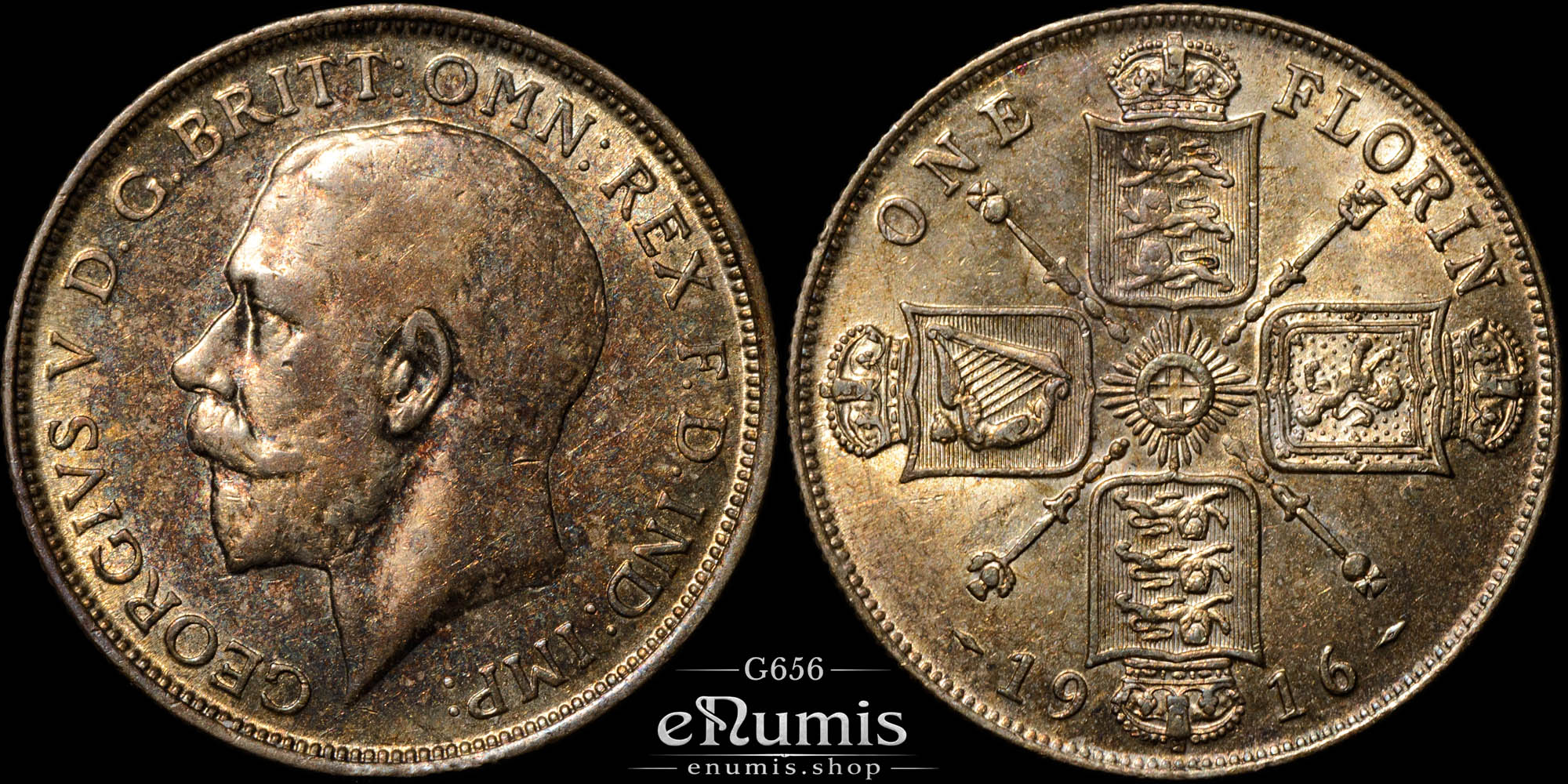 Great Britain, George V, Florin 1916, toned, XF-UNC Great Britain, George V, Florin 1916, toned, XF-UNC
