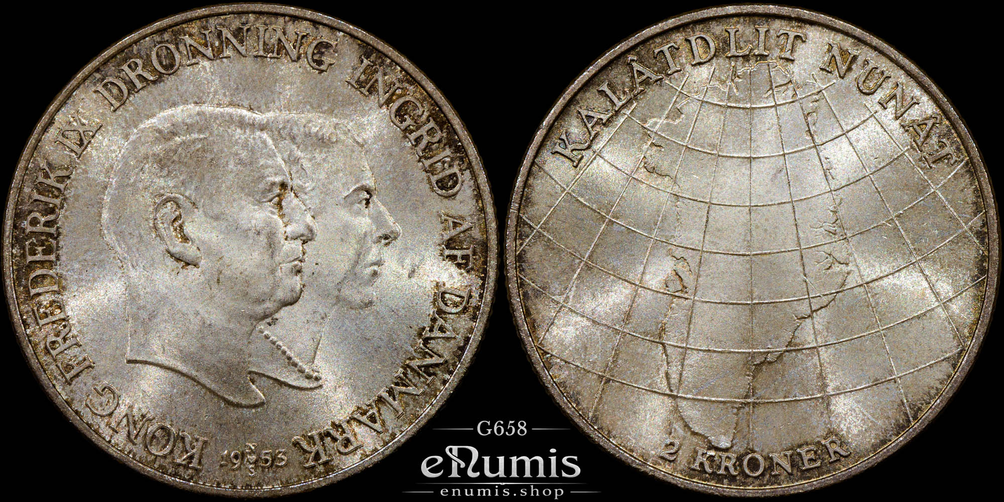 DENMARK, Frederick IX, 2 Kroner 1953, Greenland, silver, UNC