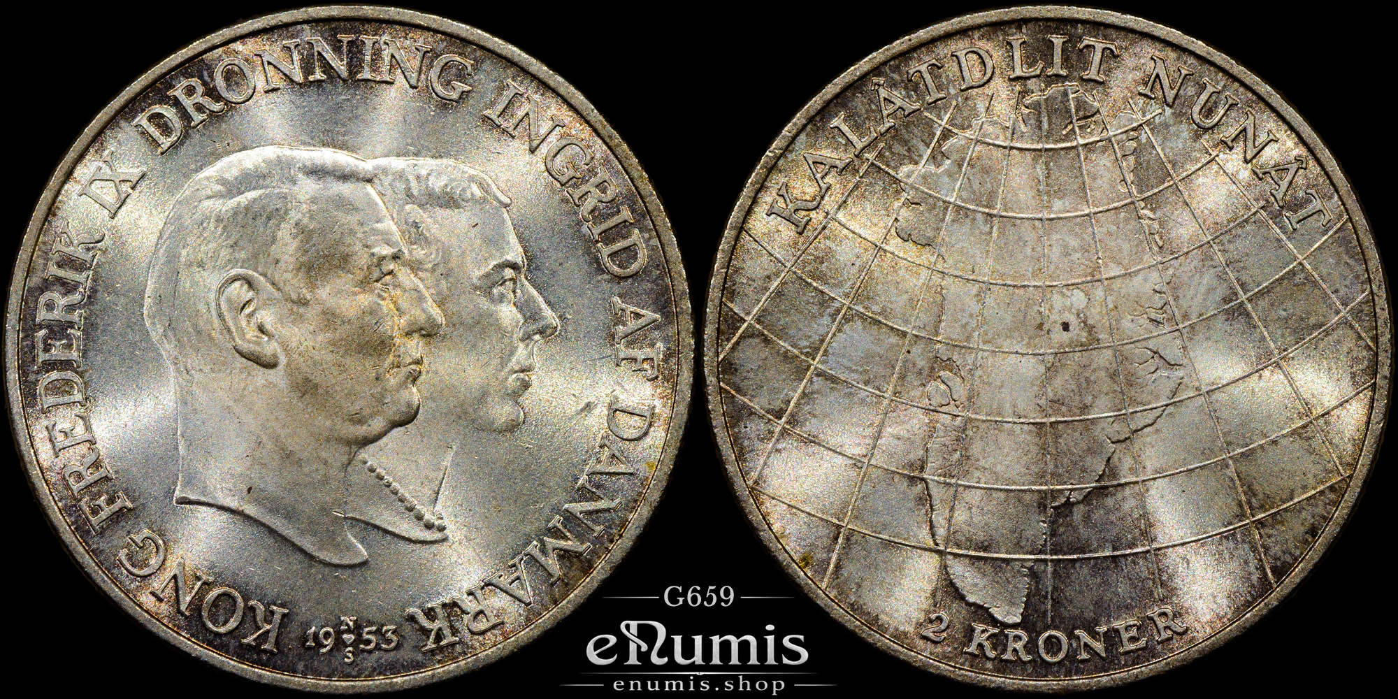 DENMARK, Frederick IX, 2 Kroner 1953, Greenland, silver, UNC DENMARK, Frederick IX, 2 Kroner 1953, Greenland, silver, UNC