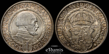 SWEDEN, Gustaf V, 2 Kronor 1921, 400th Anniversary of Political Liberty, UNC