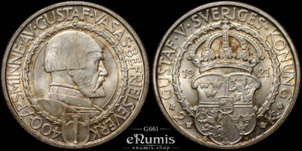 SWEDEN, Gustaf V, 2 Kronor 1921, 400th Anniversary of Political Liberty, UNC