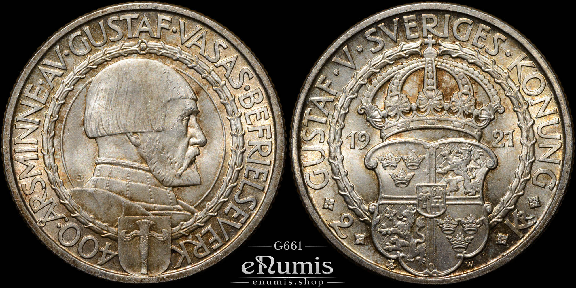 SWEDEN, Gustaf V, 2 Kronor 1921, 400th Anniversary of Political Liberty, UNC