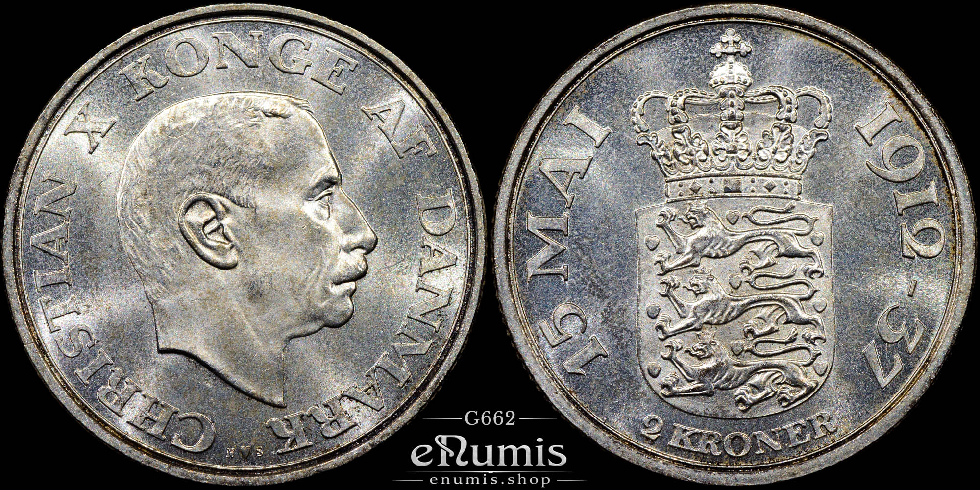DENMARK, Christian X, 2 Kroner 1937, 25th Anniversary of Reign, UNC