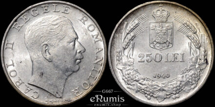 ROMANIA, Carol II, 250 Lei 1940, Silver, XF-UNC/aUNC