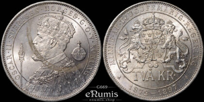 SWEDEN, Oscar II, 2 Kronor 1897, Silver Jubilee, UNC