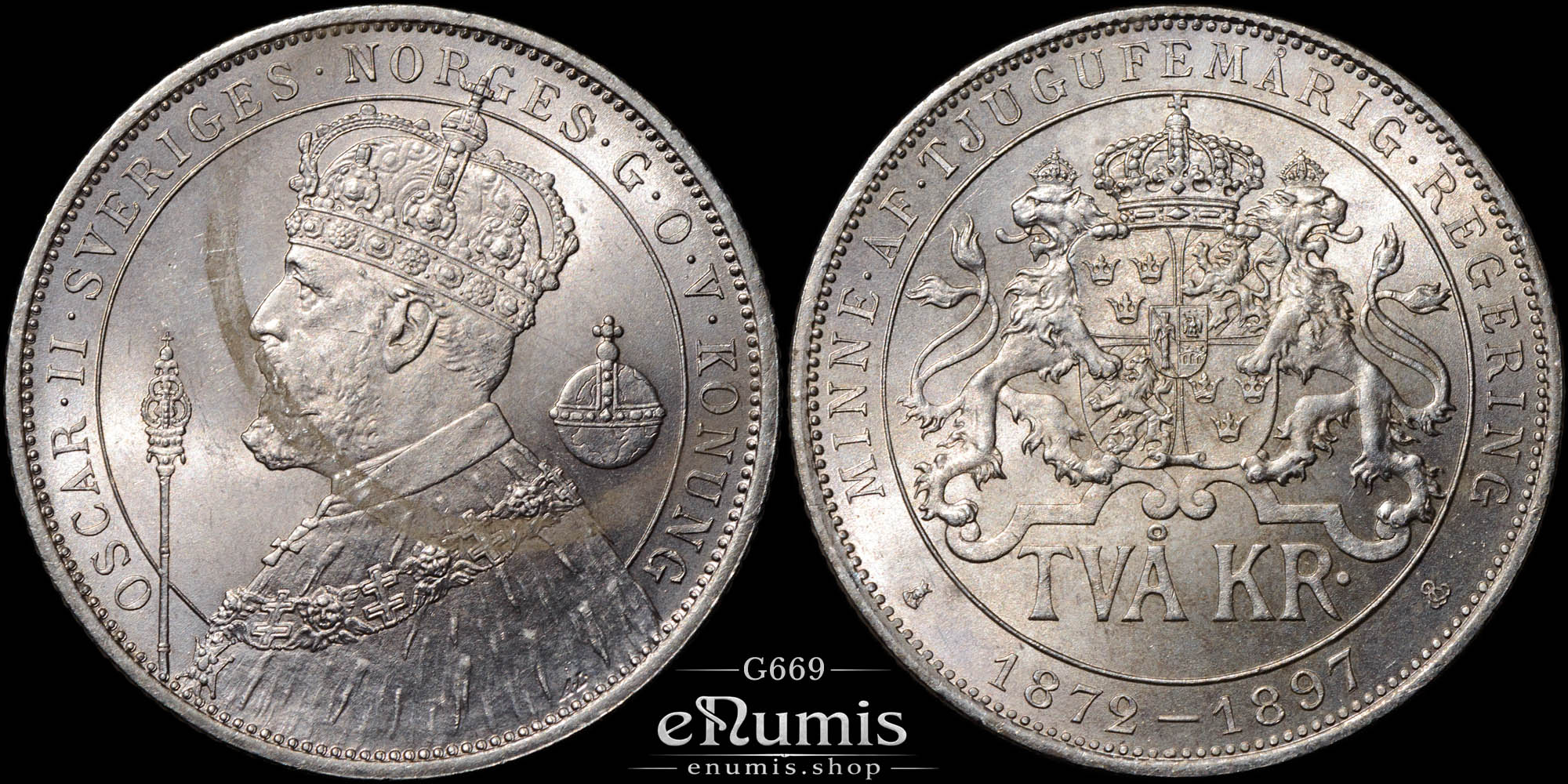 SWEDEN, Oscar II, 2 Kronor 1897, Silver Jubilee, UNC