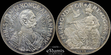 DENMARK, Christian IX, 2 Kroner 1903, 40th Anniversary of Reign, Prooflike, UNC