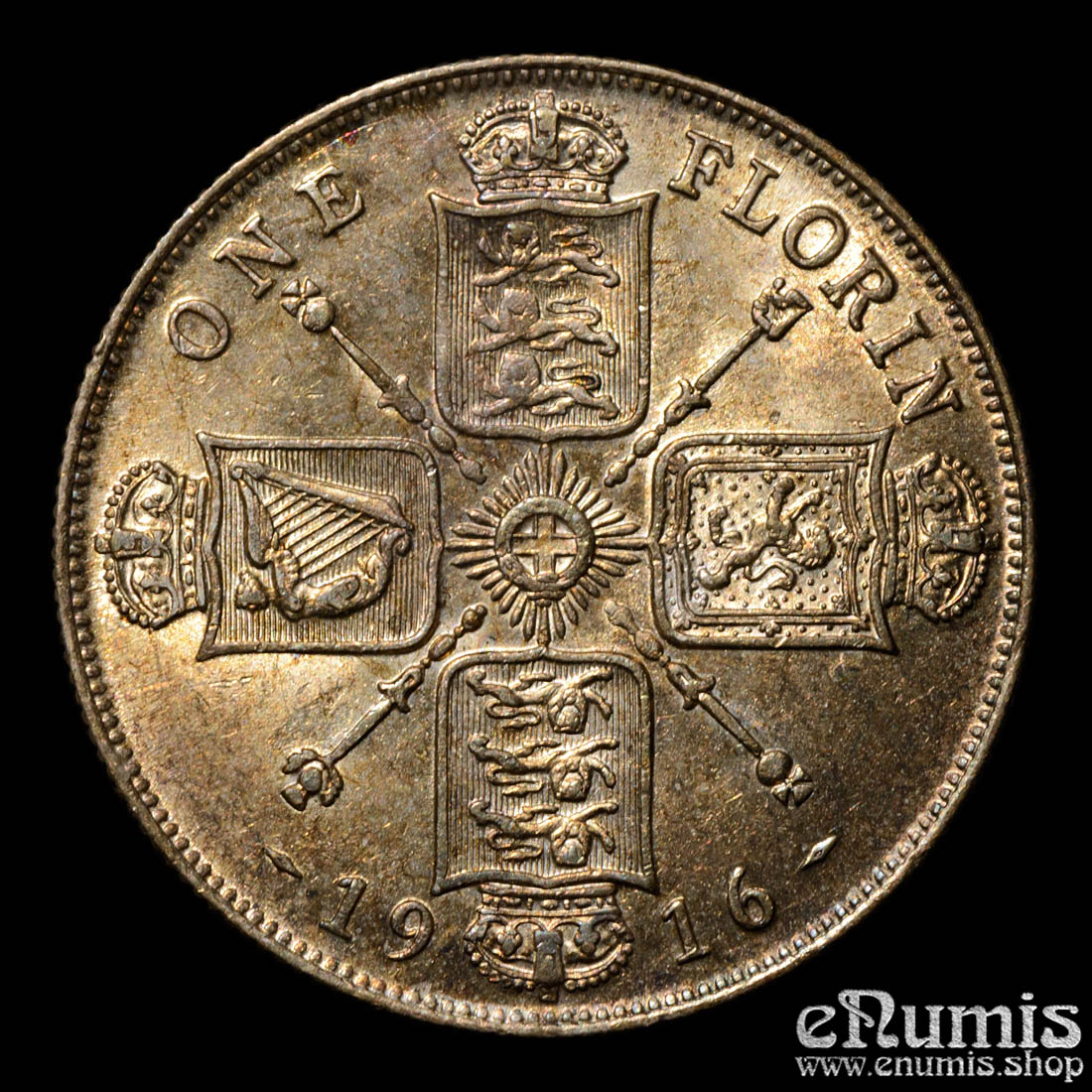 Great Britain, George V, Florin 1916, toned, XF-UNC Great Britain, George V, Florin 1916, toned, XF-UNC