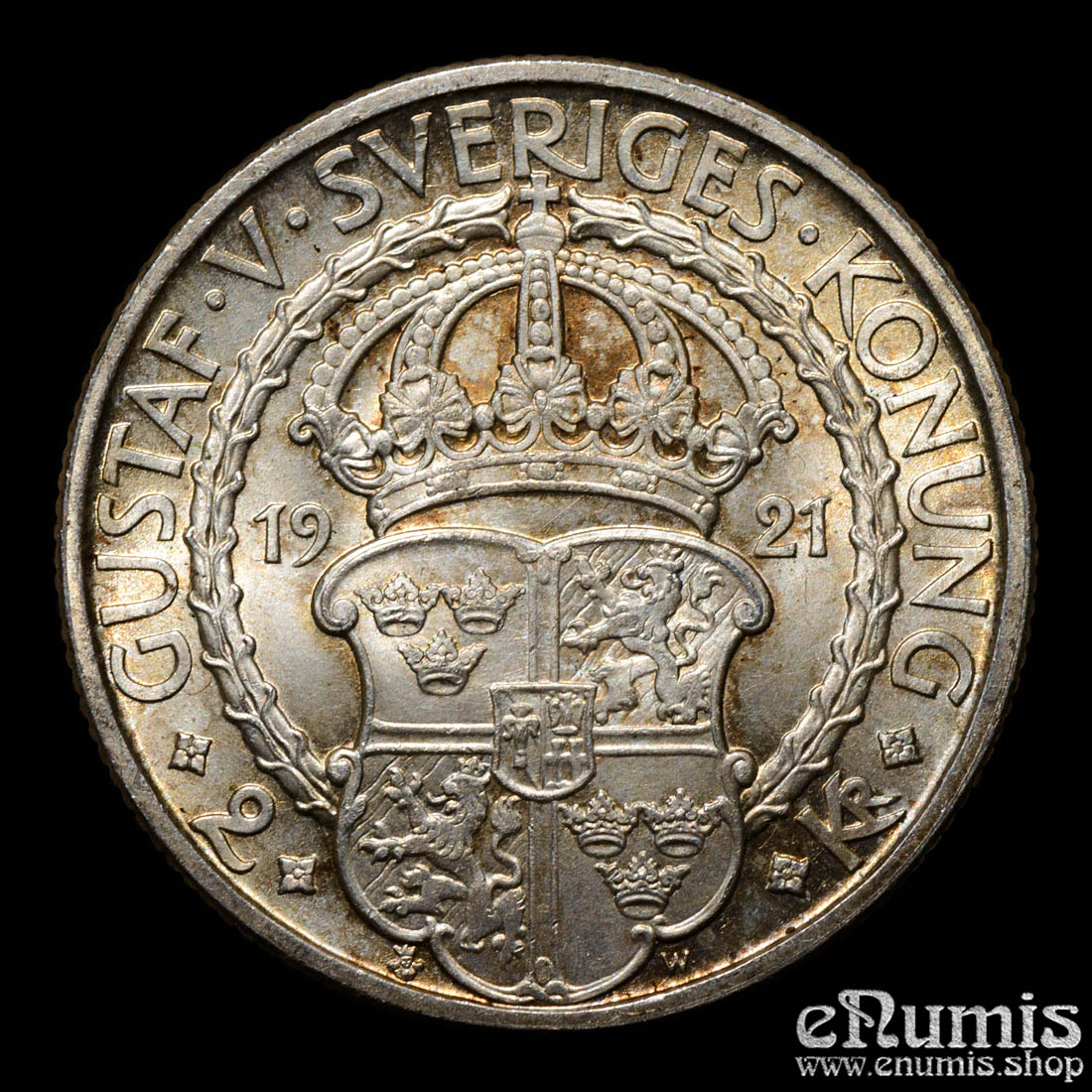 SWEDEN, Gustaf V, 2 Kronor 1921, 400th Anniversary of Political Liberty, UNC