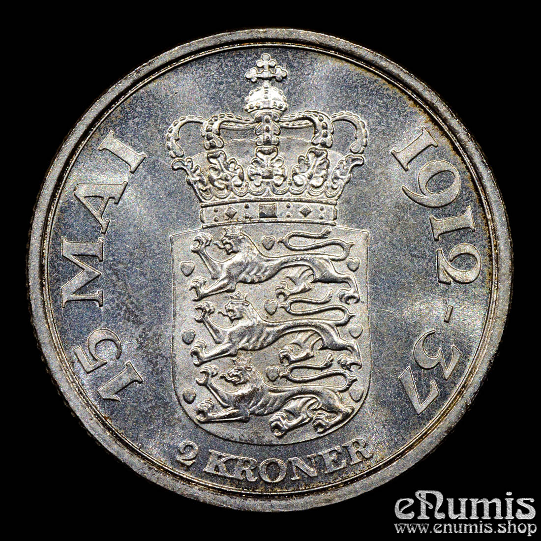 DENMARK, Christian X, 2 Kroner 1937, 25th Anniversary of Reign, UNC