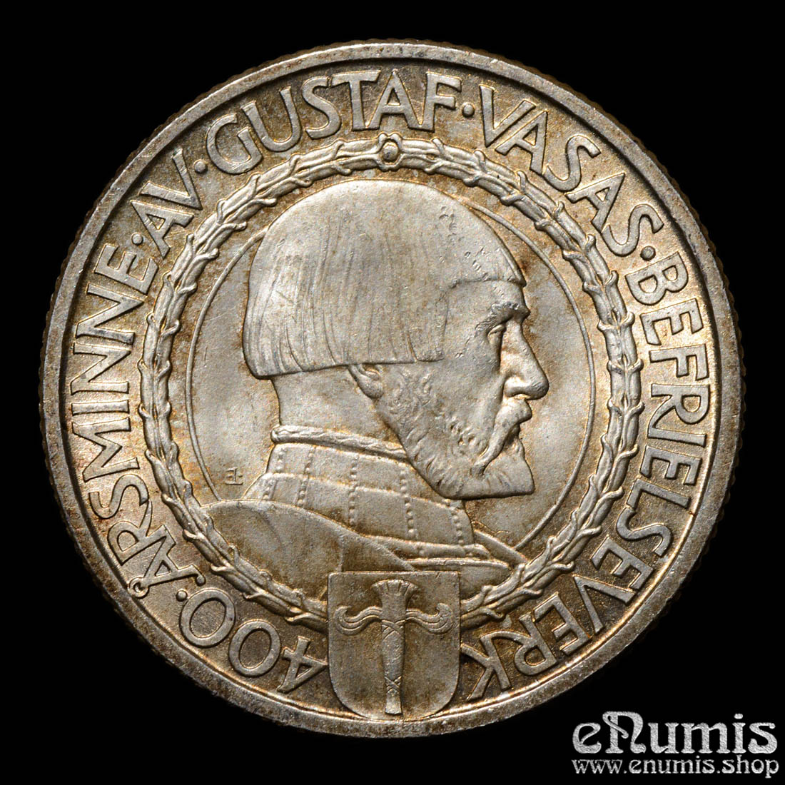 SWEDEN, Gustaf V, 2 Kronor 1921, 400th Anniversary of Political Liberty, UNC