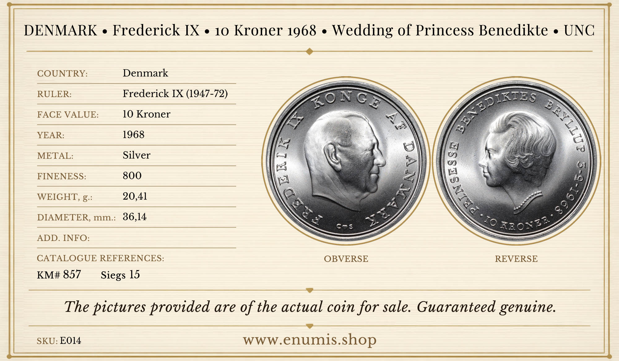 DENMARK, Frederick IX, 10 Kroner 1968, Wedding of Princess Benedikte, UNC